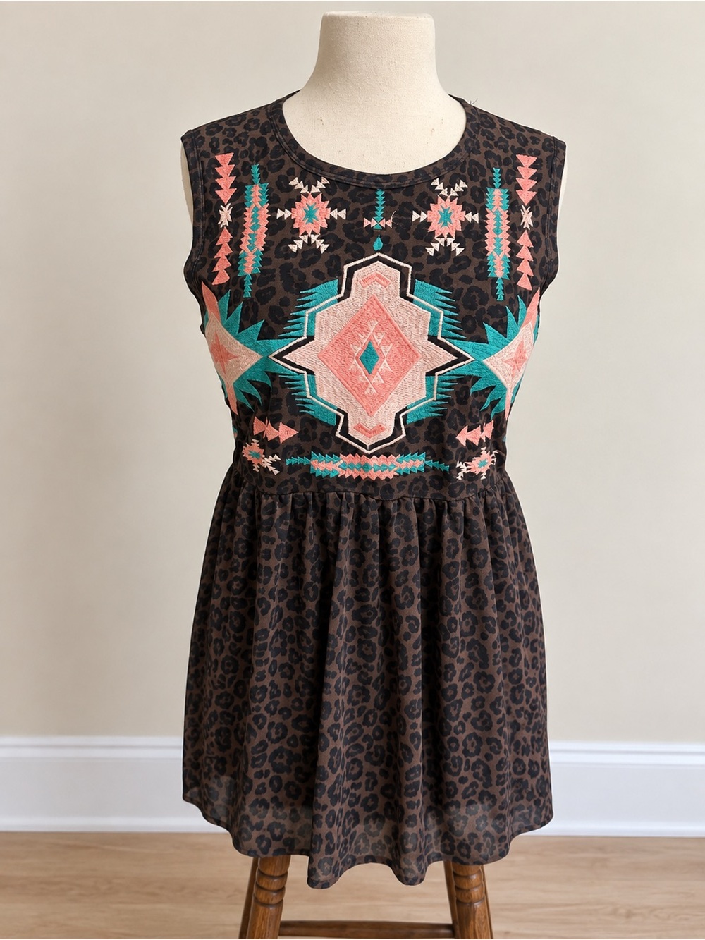 Crazy Train Brown Leopard Tank Top with Turquoise & Coral Embroidery